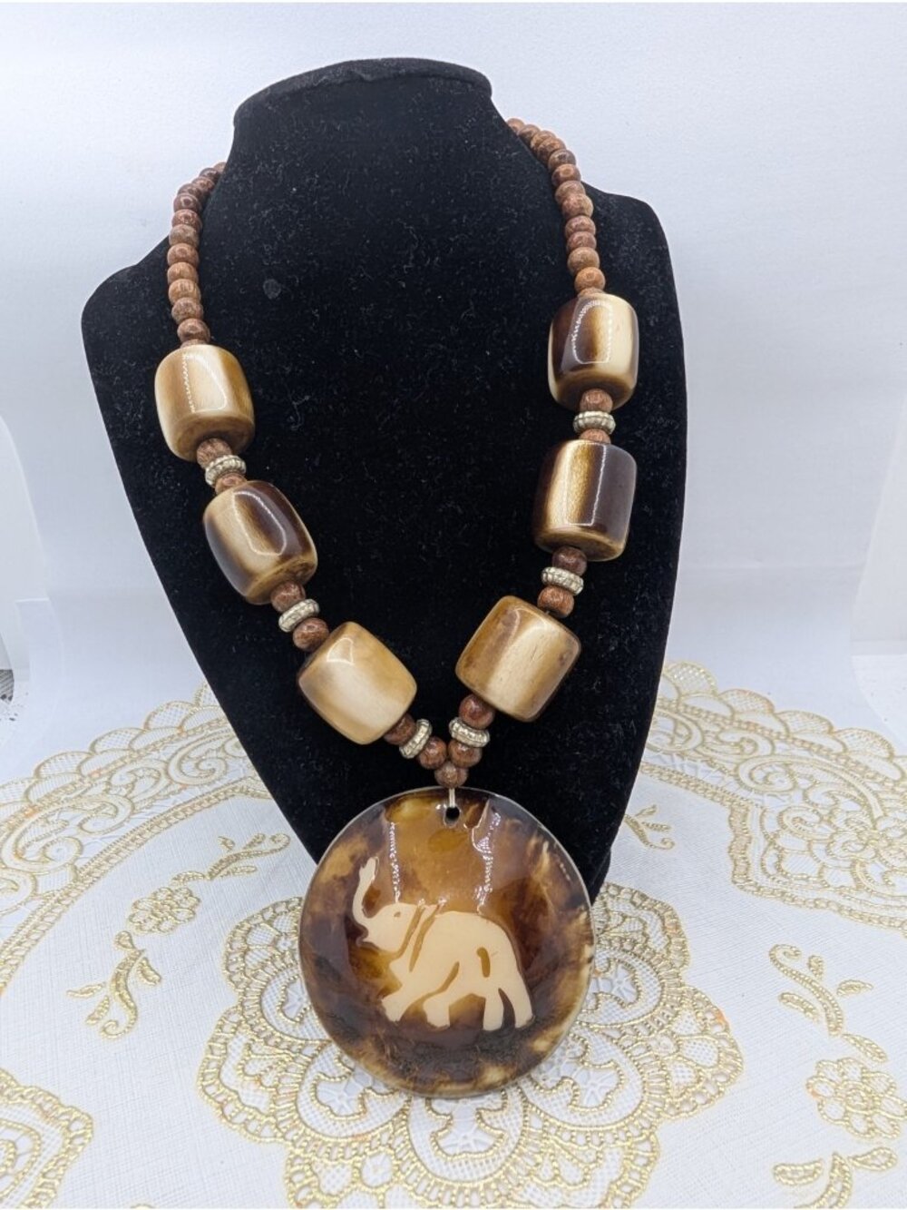 Vintage Boho Elephant Pendant Necklace Faux? Horn or Resin Barrel Wood Beads